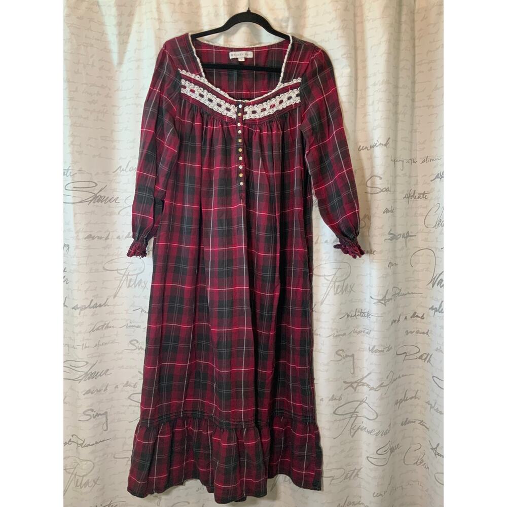 Eileen West Plaid Nightgown Small Red Green Ruffle Cottagecore Prairie Modest